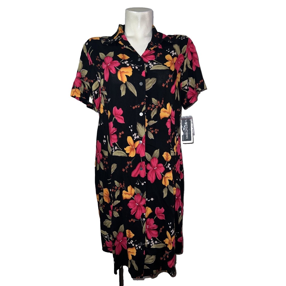 Notations Floral Button Front Dress Womens Sz L Large Black Pink‎ Tropical Rayon